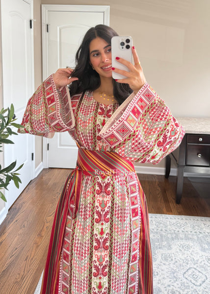 Beige/ Cream Saya Vintage Straight Cut Full Embroidered Thobe