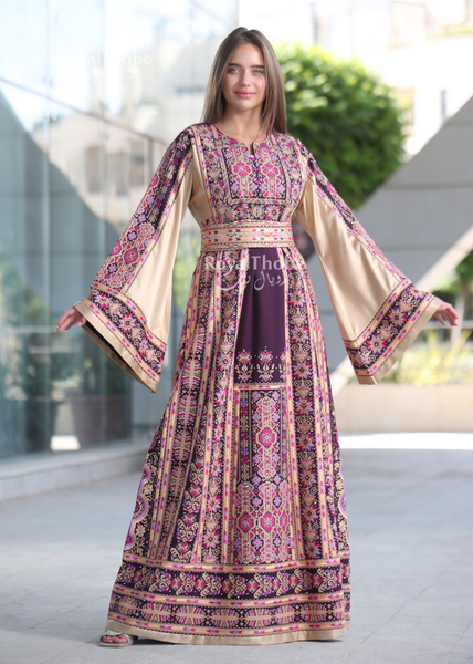 Purple/Beige Long Full Embroidered Thobe With Reversible Beige Satin Belt