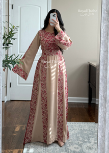 Beige/Burgundy Elegant Floral Full Embroidered Thobe