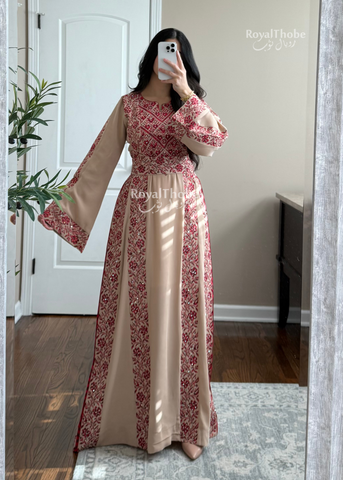 Beige/Burgundy Elegant Floral Full Embroidered Thobe