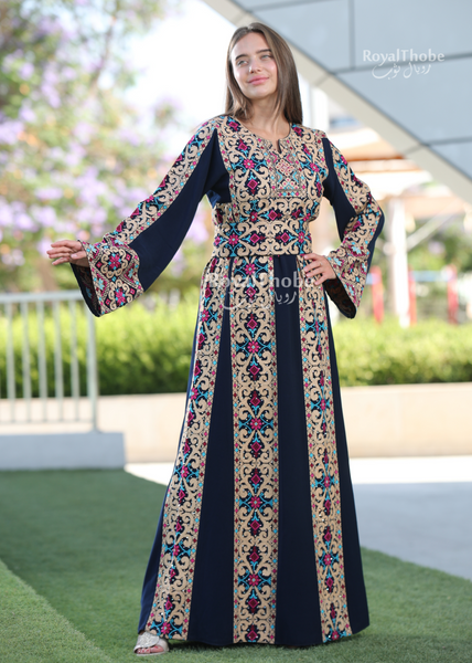 Navy Blue Simple 6 Lines Flower Full Embroidered Thobe