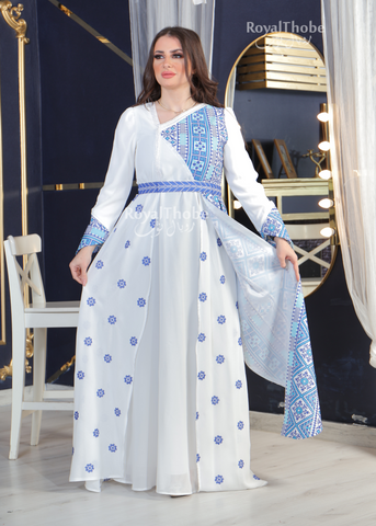 White/Blue Modern Asymmetric Neck Style Full Embroidered Dress