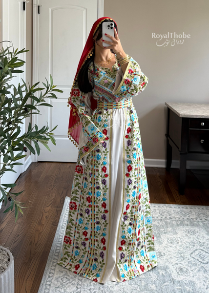 Beige/Cream Colorful Wardeh Kasab Long Full Embroidered Thobe