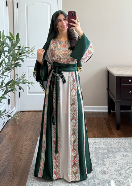 Beige/Olive Green Simple Full Embroidered Thobe