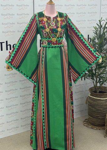 Green Majdlawe Simple Floral Long Full Embroidered Thobe