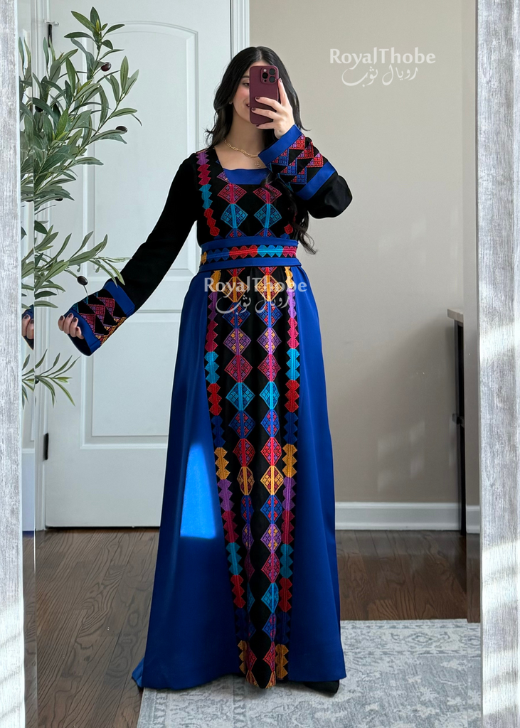 Colorfull Thobe Black/Royal Blue Colorful Square Neck Long Full Embroidered Thobe