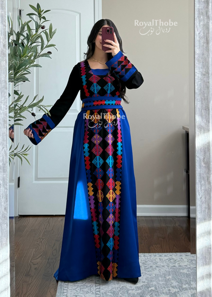 Black/Royal Blue Colorful Square Neck Long Full Embroidered Thobe