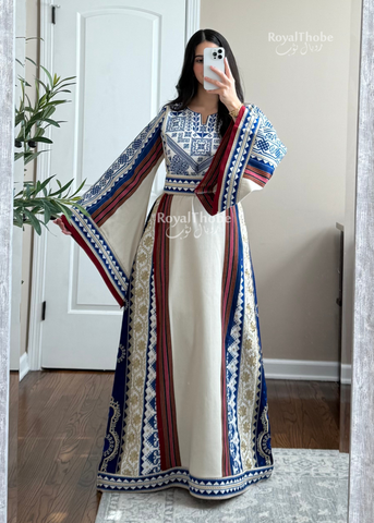 Cream/Royal Blue Maleka Majdlawe Long Full Embroidered Thobe