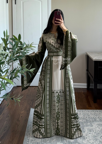 Beige/ Olive Green Malekah Full Embroidered Thobe