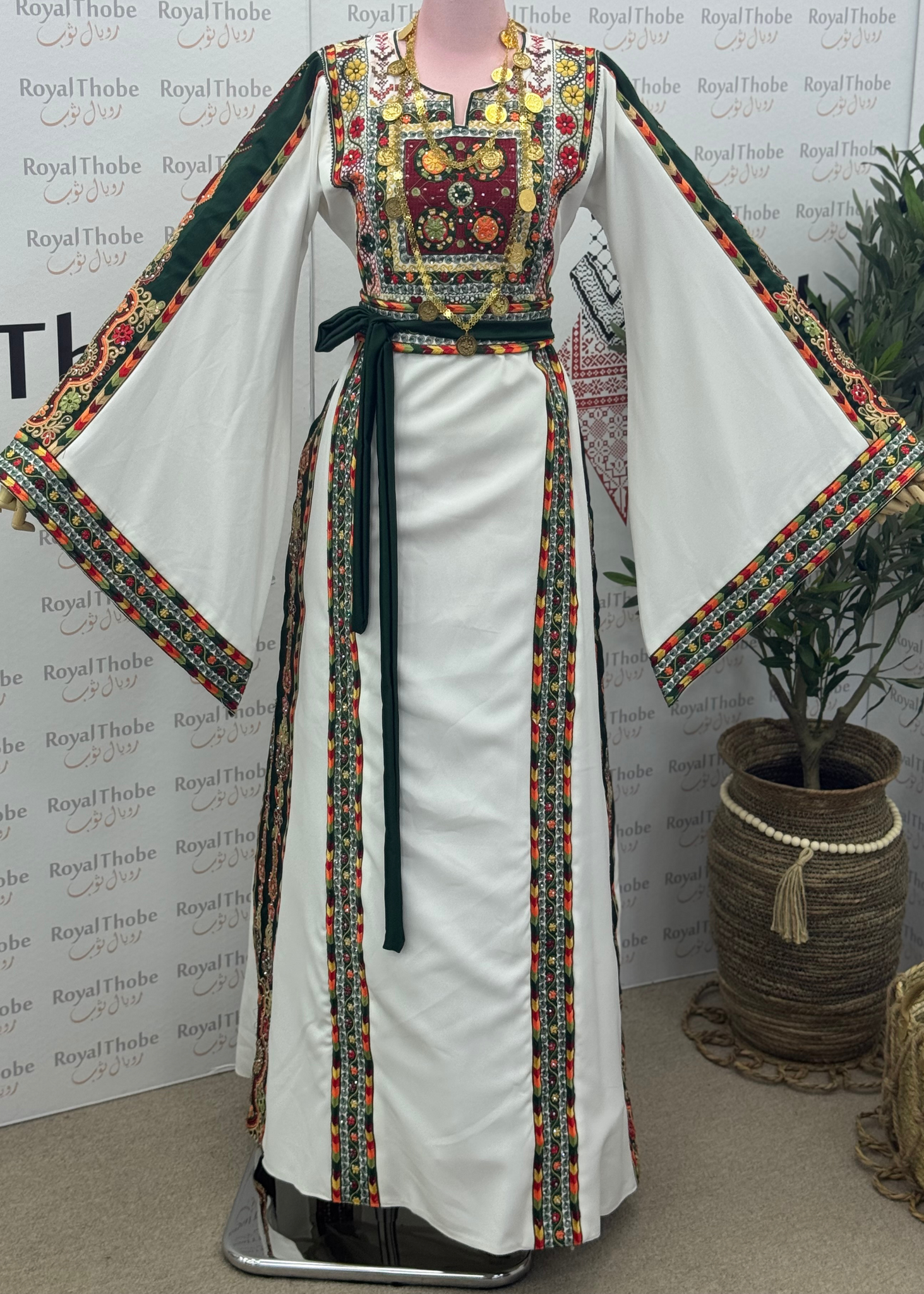 White /Olive Green Manajel Mini Flowers Long Full Embroidered Thobe
