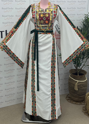 White /Olive Green Manajel Mini Flowers Long Full Embroidered Thobe