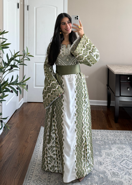 White/ Olive Green Zaytona Full Embroidered Thobe
