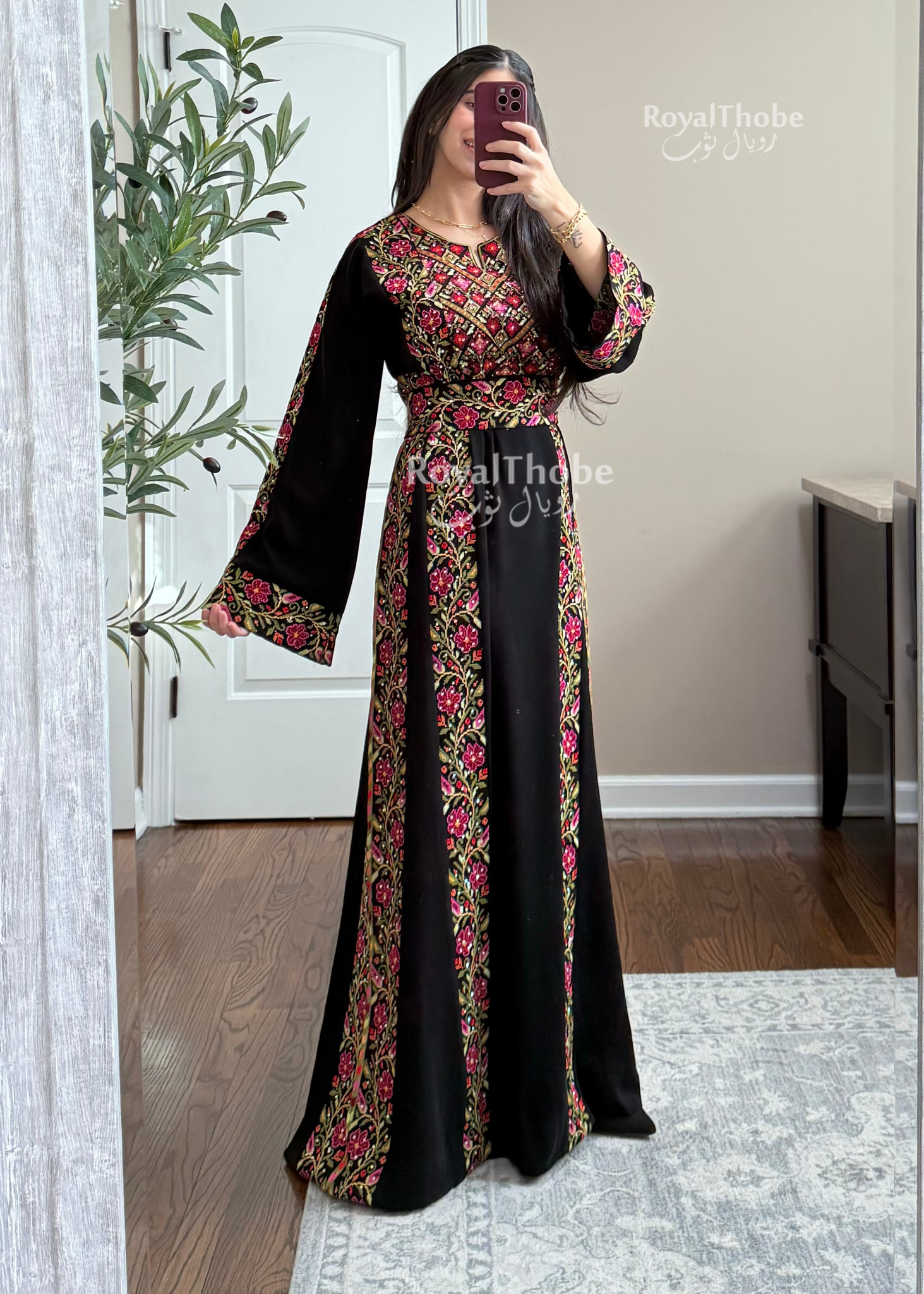 Black/Olive Green Elegant Floral Full Embroidered Thobe