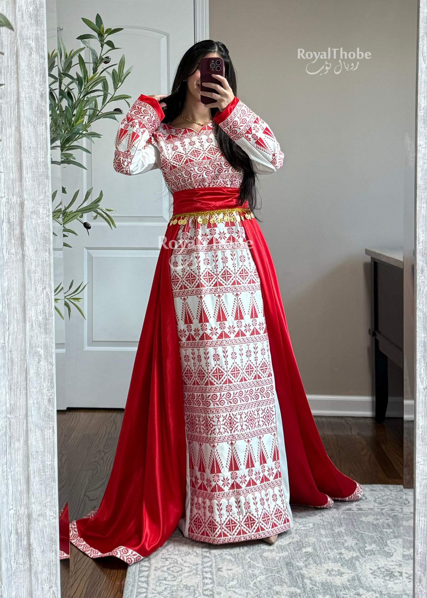 Bridal White/Red Satin Straight Long Full Embroidered Thobe With Attached Red Satin Skirt