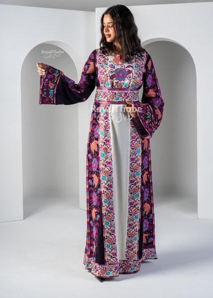 White/Purple Wardeh Long Full Embroidered Thobe