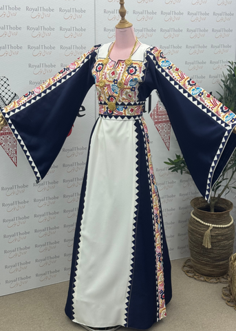 White/ Navy Blue Floral Satin Long Full Embroidered Thobe