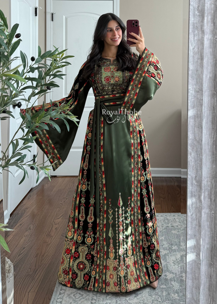 Olive Green Satin & Black Velvet Maleka Fully Embroidered Thobe