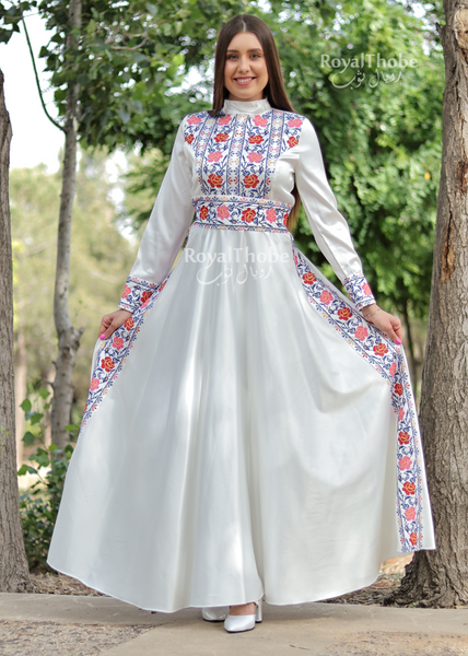 White/Blue Satin Turtleneck Modern Long Embroidered Dress