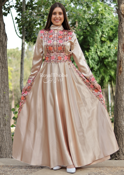 Beige Satin Turtleneck Modern Long Embroidered Dress