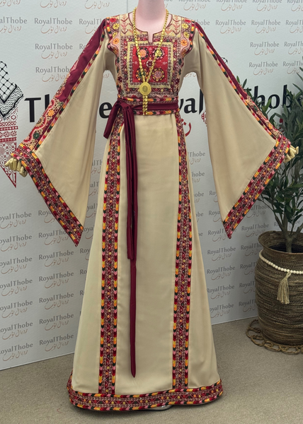 Beige / Burgundy Manajel Mini Flowers Long Full Embroidered Thobe