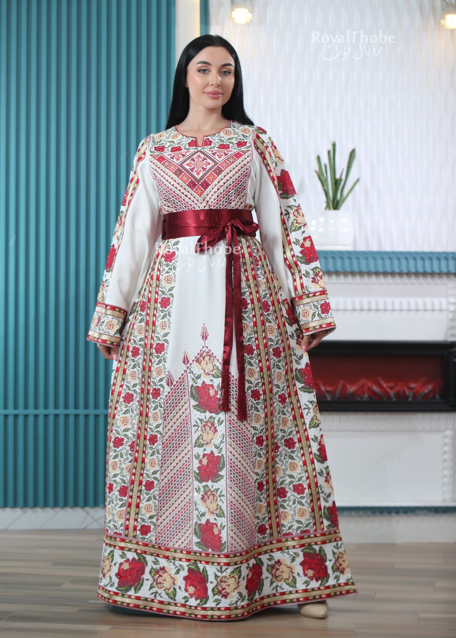 Bridal White Floral Modern Thobe With A Matching Embroidered Shaleh
