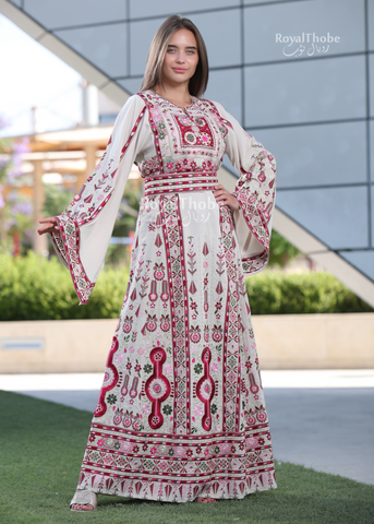 Beige/Burgundy Flower Maleka Long Full Embroidered Thobe