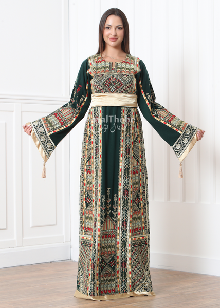 Olive Green Sahem Full Embroidered Thobe With Reversible Suede Belt