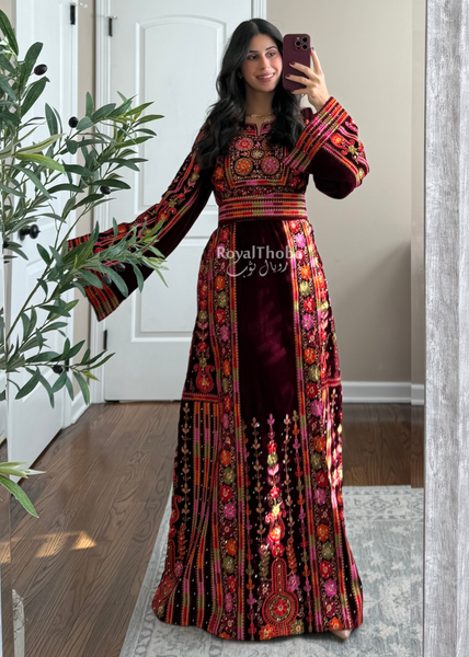 Velvet Burgundy Maleka Floral Long Fully Embroidered Thobe