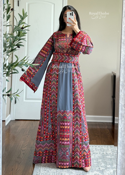 Dark Gray/Burgundy Modern Sahem Long Full Embroidered Thobe With A Revisable Burgundy Satin Belt