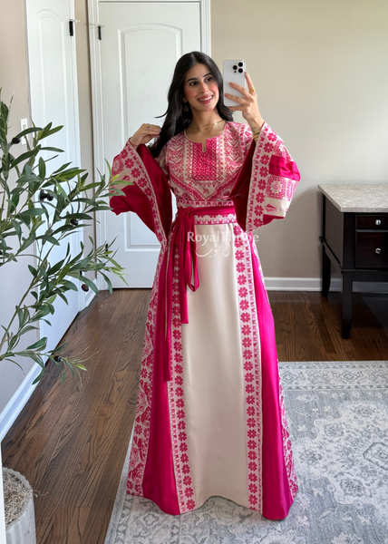 Beige/Pink Floral Long Full Embroidered Thobe