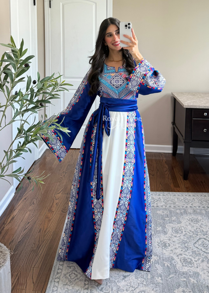 White/ Blue Satin Classic Full Embroidered Thobe
