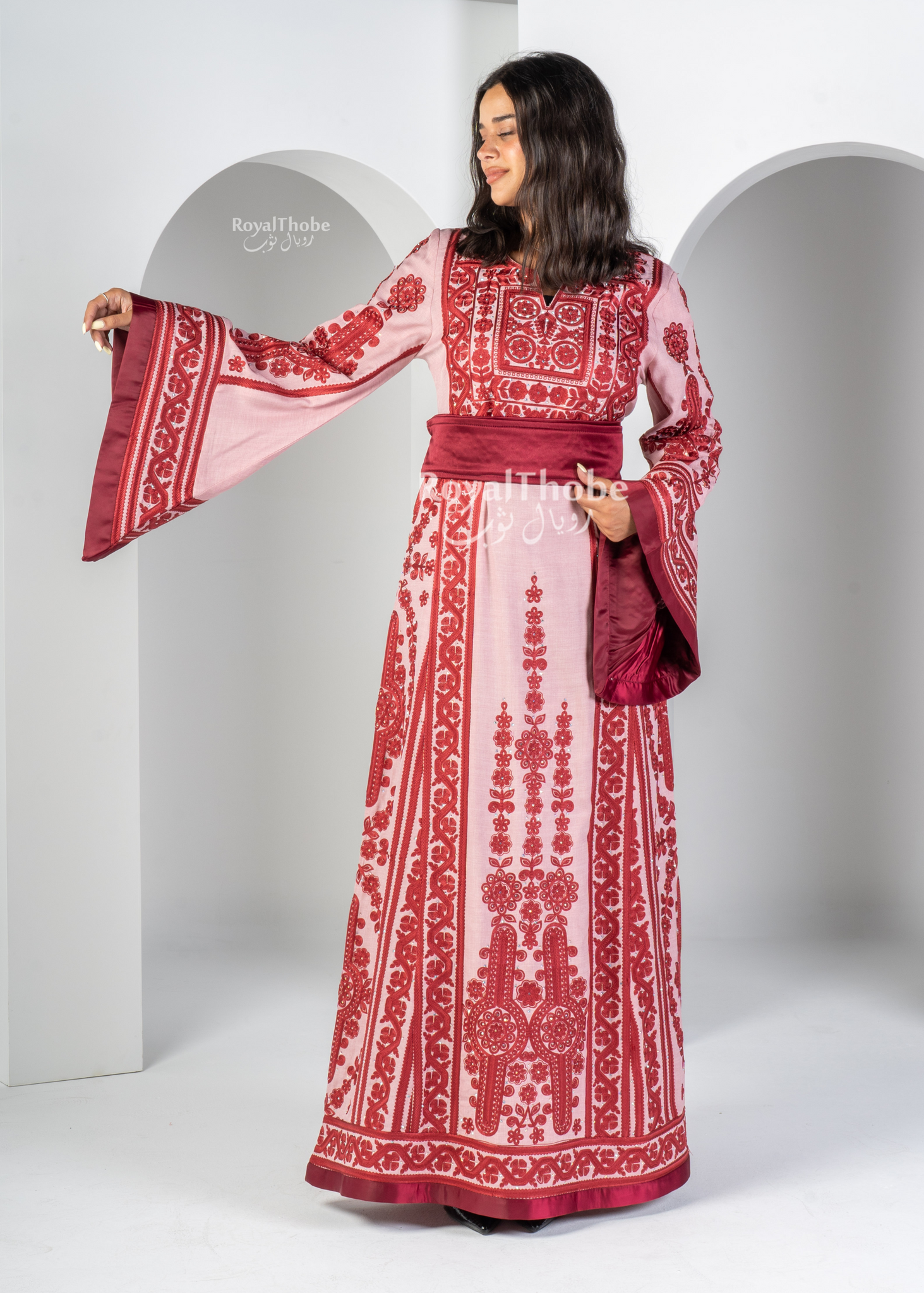 Pink Floral Maleka Long Full Embroidered Thobe.