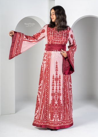 Pink Floral Maleka Long Full Embroidered Thobe.