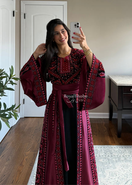 Black/Burgundy Long Full Embroidered Thobe