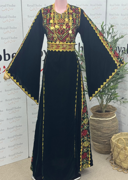 Velvet Olive Green Simple Floral Long Embroidered Thobe/Dress