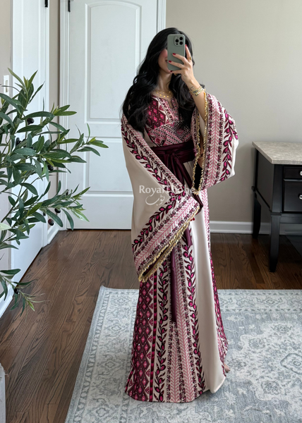 Beige/ Burgundy Zaytona Branches Full Embroidered Thobe