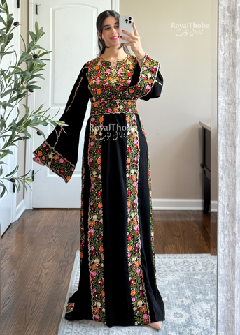 Black/Olive Green Elegant Floral Full Embroidered Thobe