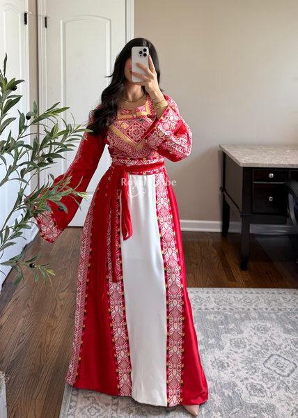 White/ Red Satin Classic Full Embroidered Thobe