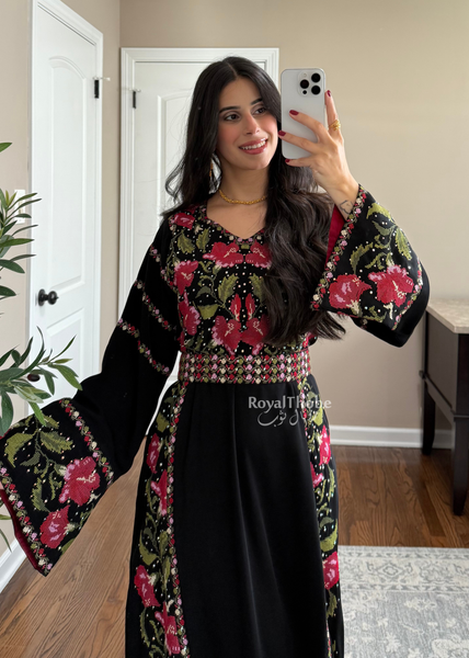 Floral Black/Red Long Full Embroidered Thobe