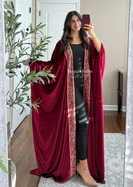 Burgundy Velvet Arabic Letter Bisht -Free Size