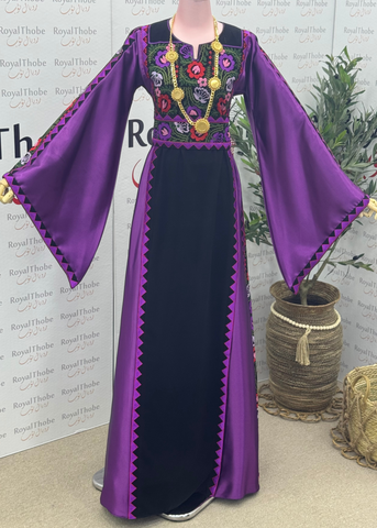 Black/ Purple Floral Satin Long Full Embroidered Thobe