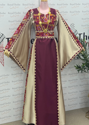 Burgundy/Beige Floral Satin Long Full Embroidered Thobe