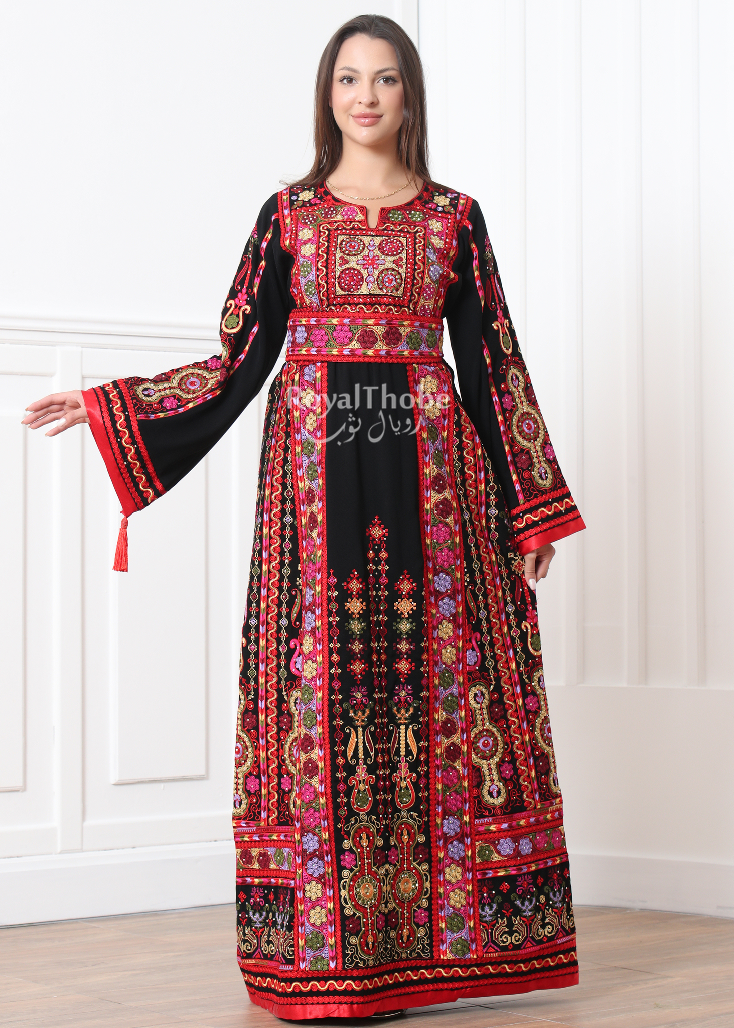 Black/Red Malak Kasab Full Embroidered Thobe With Reversible Red Satin Belt