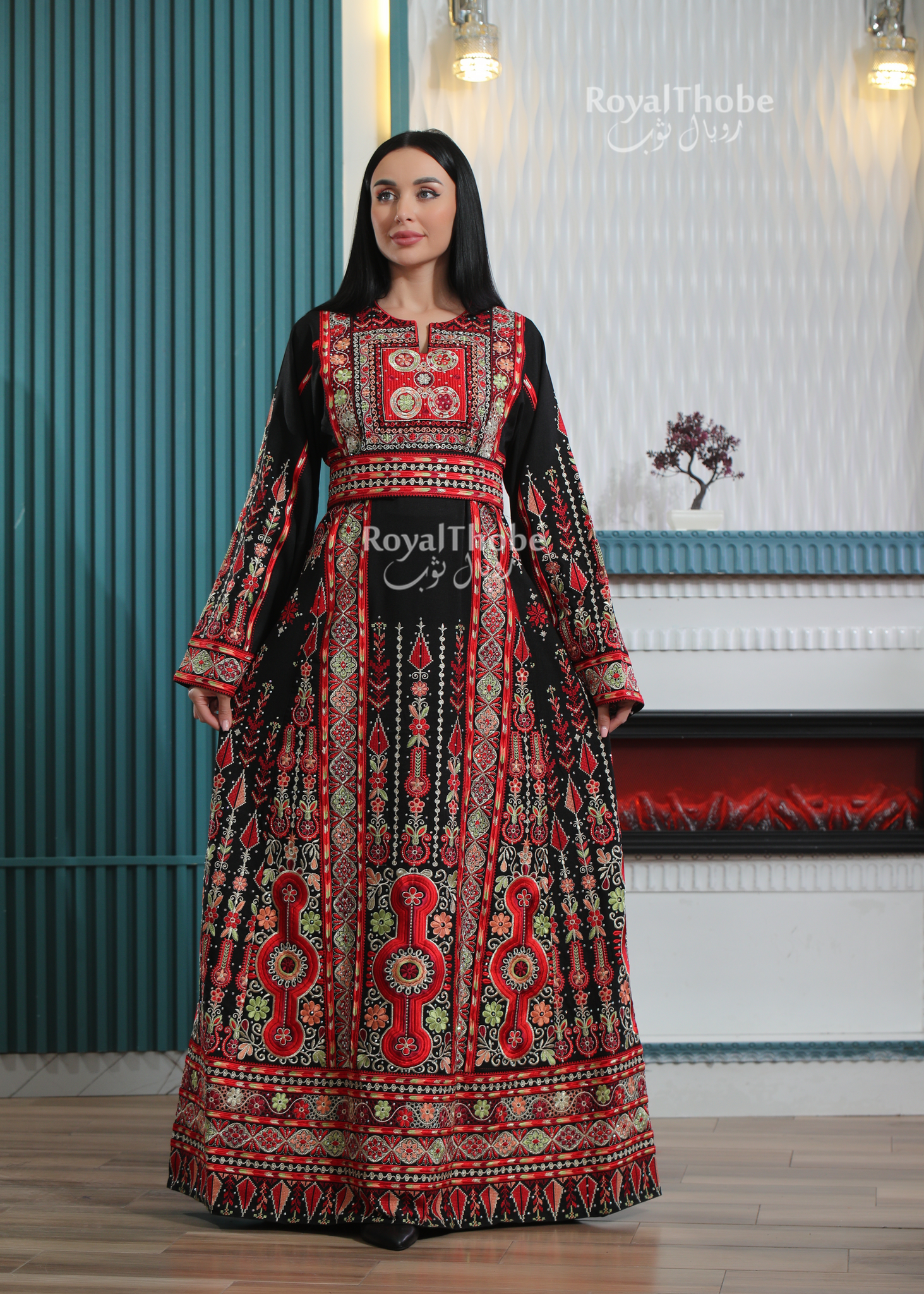 Black/Red Flower Maleka Long Full Embroidered Thobe