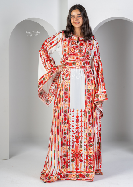 White/Red Flare Flower Maleka Long Full Embroidered Thobe
