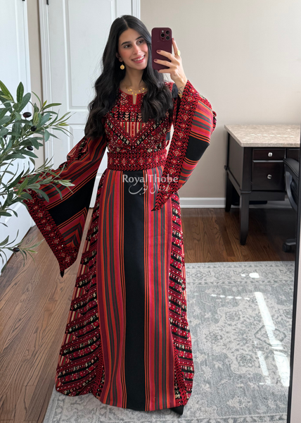Black/Red Majdlawe Long Full Embroidered Thobe