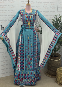 Baby Blue/White Maleka Long Full Embroidered Thobe