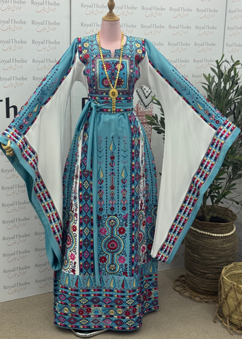 Baby Blue/White Maleka Long Full Embroidered Thobe