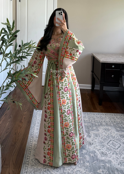 Beige/Sage Floral Long Full Embroidered Thobe