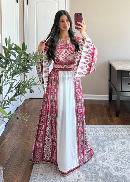 White/ Pinkish Maroon Simple Full Embroidered Thobe